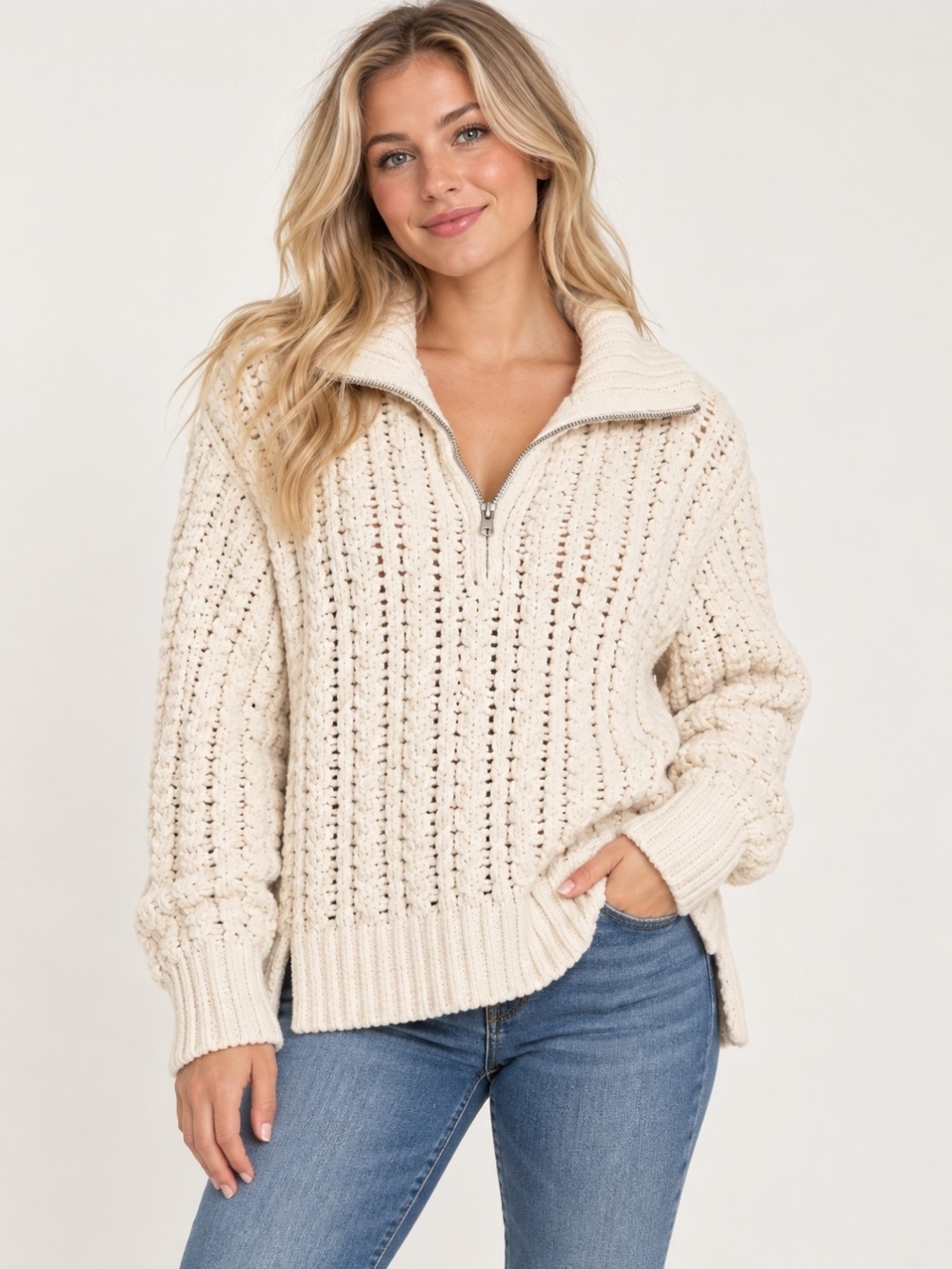 Aerie Cream Open-Knit Half-Zip Turtleneck Sweater Preppy Fisher